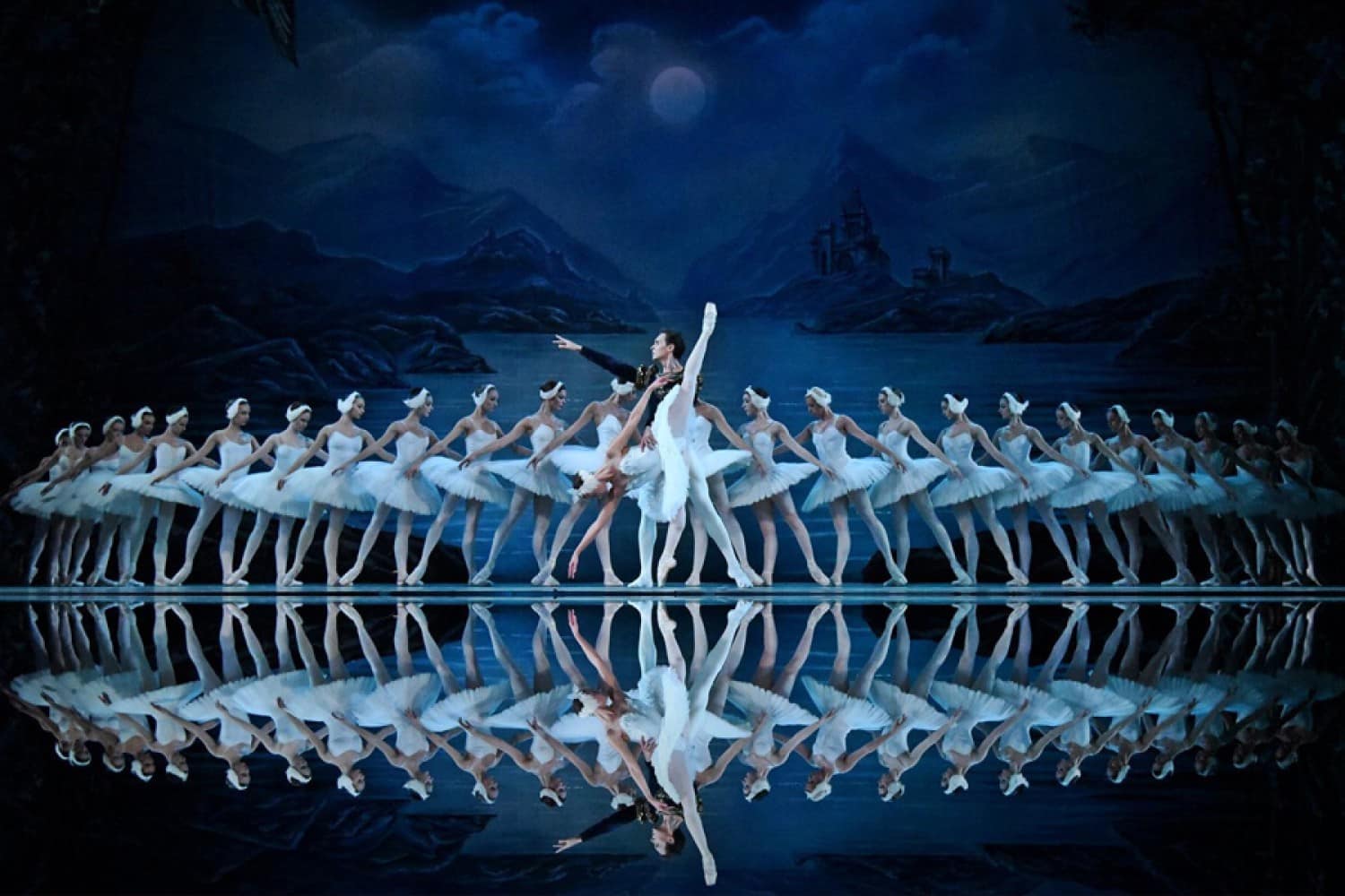 Dancers performing Swan Lake on the Palais des Congrès stage in Paris